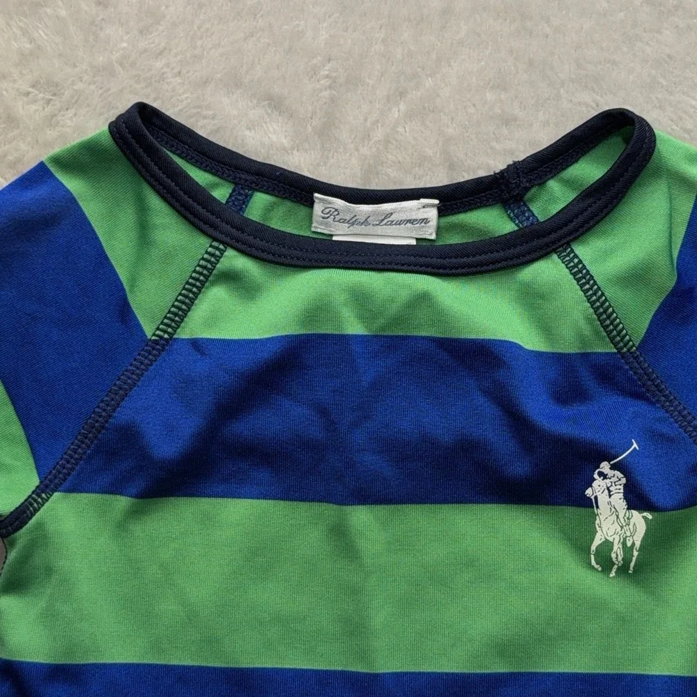 Ralph Lauren Baby Green Long Sleeve Rashguard Swim 24M Stripped Big Pony Preppy